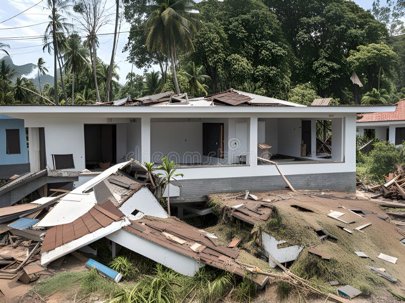 House and Building with Large Earthquake Stock Illustration