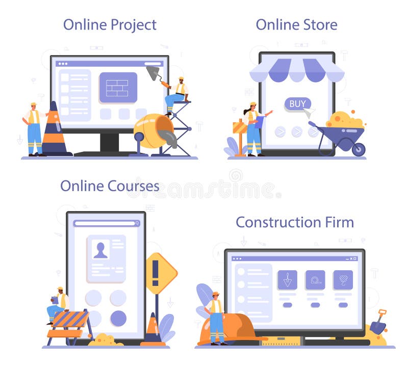 House building online service or platform set. Workers constructing vector illustration