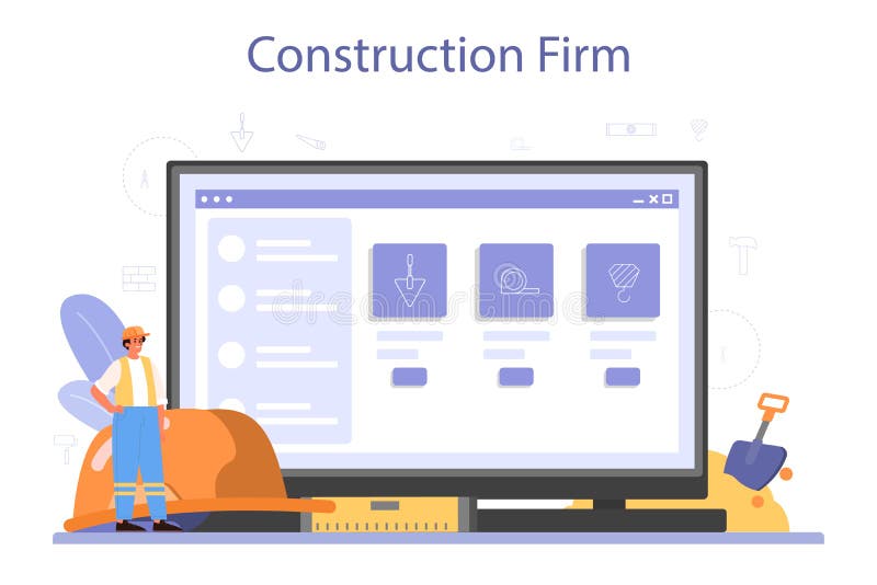 House building online service or platform. Workers constructing stock illustration