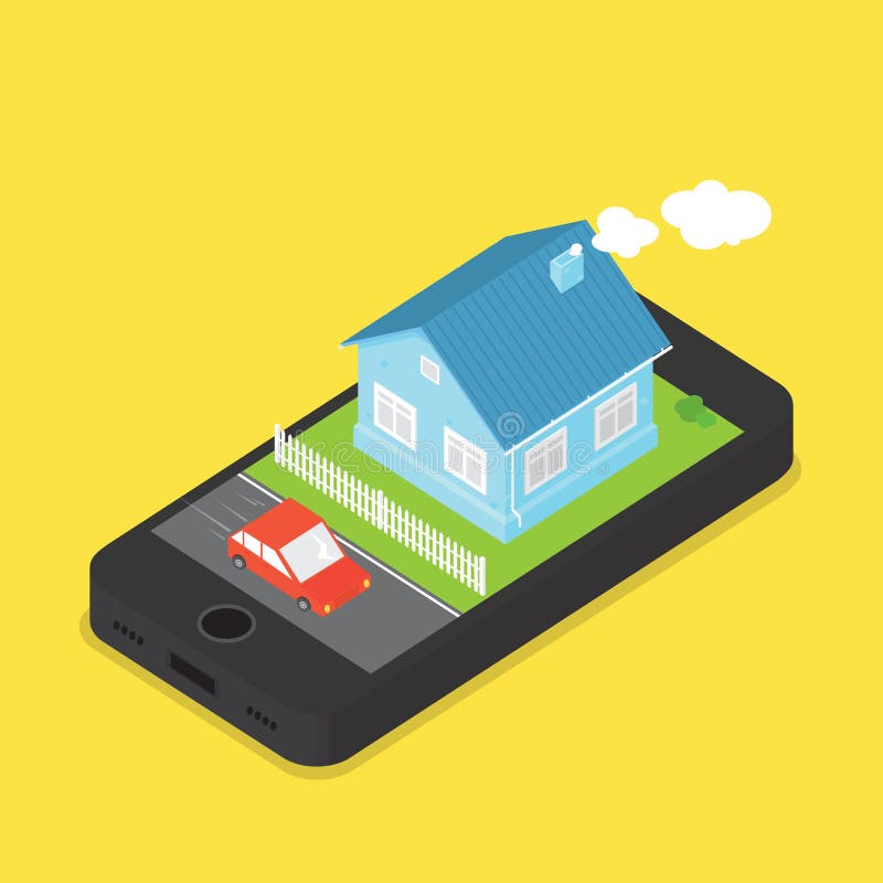 House and Car on Phone Screen Cartoon Vector Illustration Stock Vector