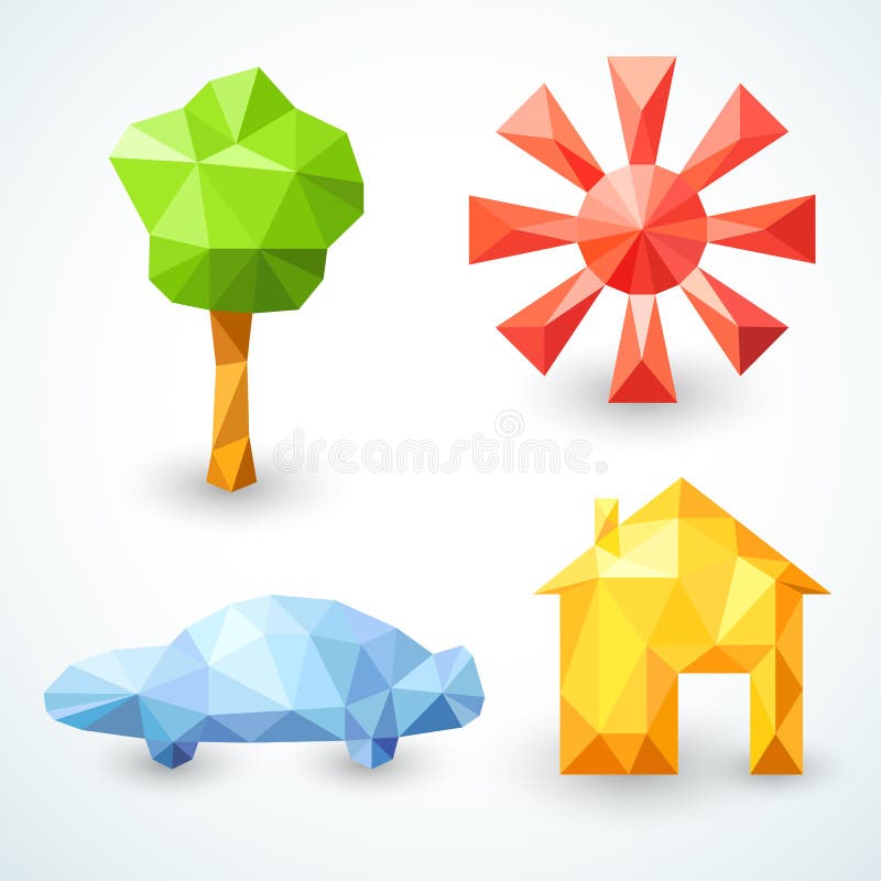 House, car, tree and sun icons set. Vector