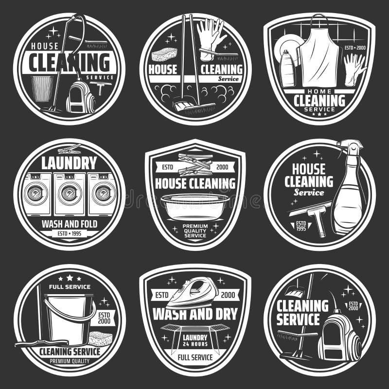 House cleaning and laundry service vector icons. Vacuum cleaner, mop, bucket and cleaning spray, sponge, broom and brush, washing machine, detergent, window squeegee and soap, gloves and apron. House cleaning and laundry service vector icons. Vacuum cleaner, mop, bucket and cleaning spray, sponge, broom and brush, washing machine, detergent, window squeegee and soap, gloves and apron