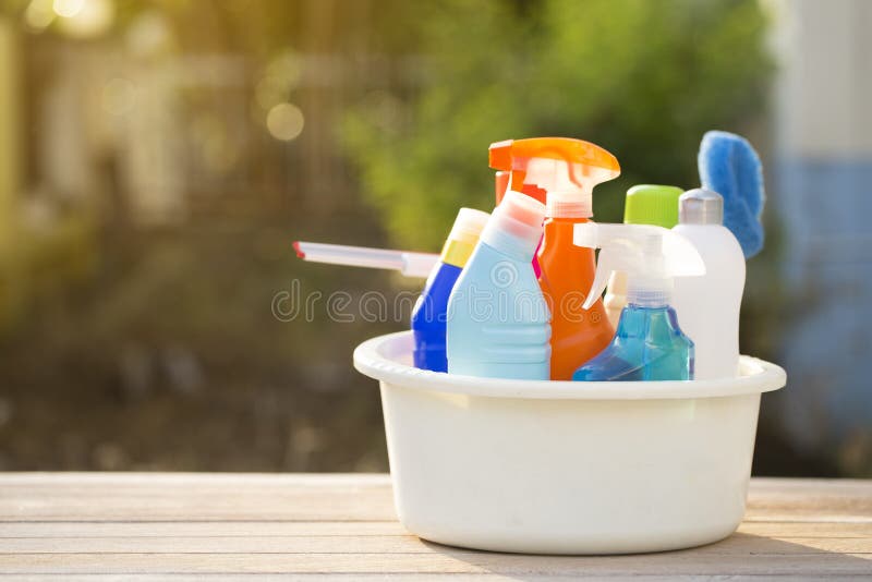 House Cleaning Product on Wood Table Stock Image Image of office