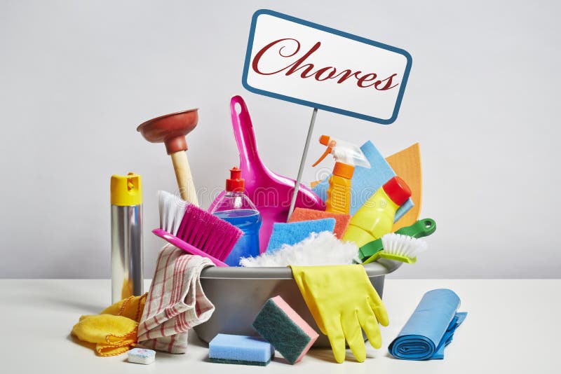 House cleaning products pile on white background