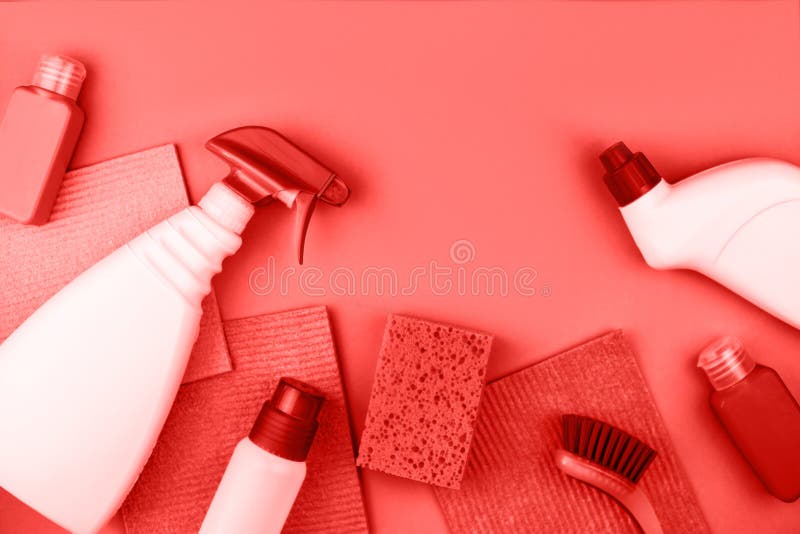 House Cleaning Products are on Red Background Stock Photo Image of