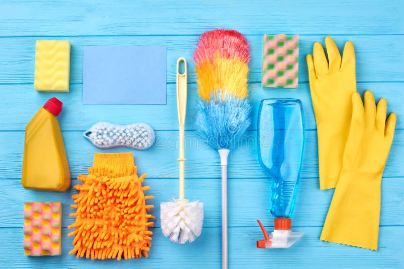 Cleaning Stuff on Blue Wooden Background. Stock Image - Image of clean,  floor: 112435271