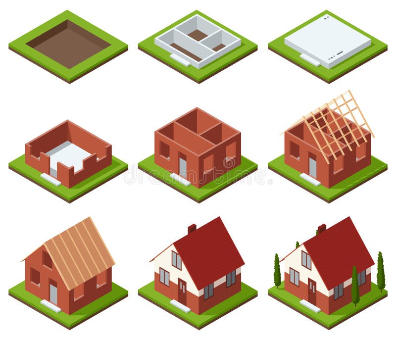 House Construction Isometric Set Stagebystage. Visualization of