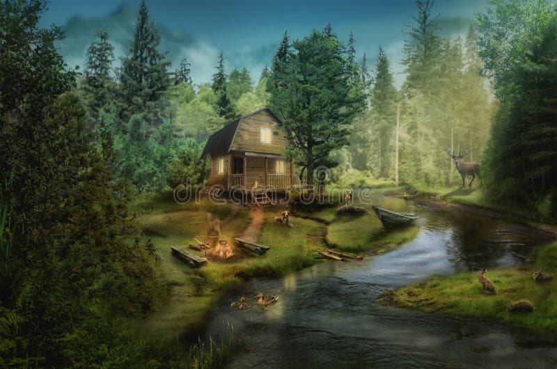 House in the the forest by the creek (illustration of a fictional situation, in the form collage of photos). House in the the forest by the creek (illustration of a fictional situation, in the form collage of photos)