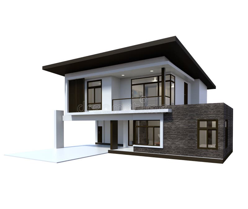 House 3d Modern Rendering on White Background. Stock Illustration