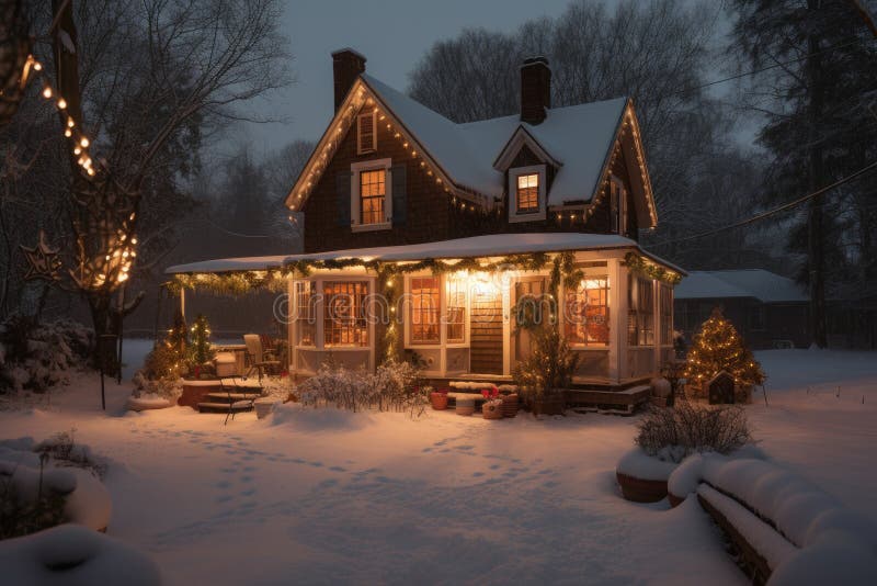 A House Decorated with Christmas Lights in the Snow. Generative AI ...