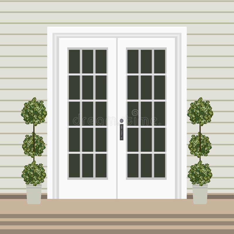 House door front with doorstep and mat, steps, window, lamp, flo