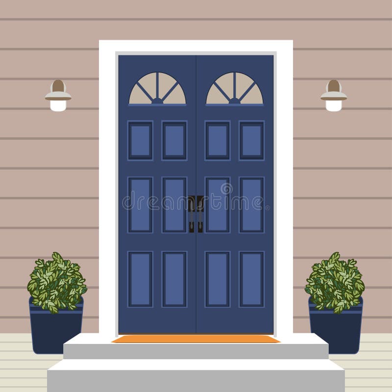 House door front with doorstep and mat, steps, window, lamp, flowers, building entry facade, exterior entrance design illustration vector in flat style