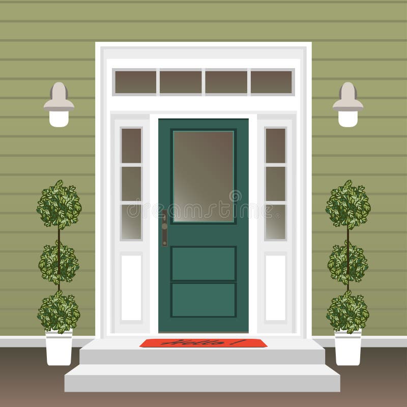 House door front with doorstep and mat, steps, window, lamp, flowers in pot, building entry facade, exterior entrance design illustration vector in flat style