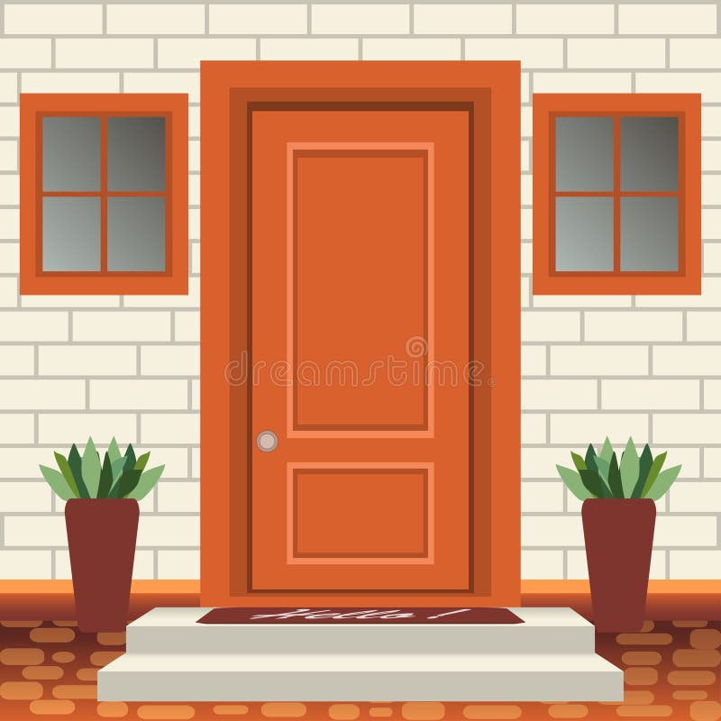 House door front with doorstep and steps, lamp, flowers in pots, building entry facade, exterior entrance with brick wall design illustration vector in flat style