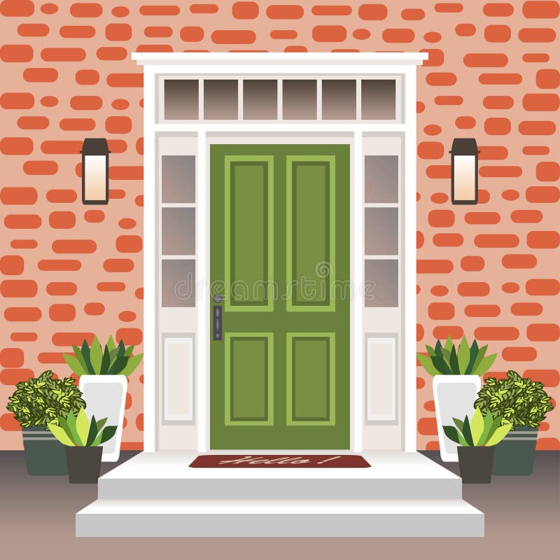 House door front with doorstep and steps, lamp, flowers in pots, building entry facade, exterior entrance with brick wall design illustration vector in flat style