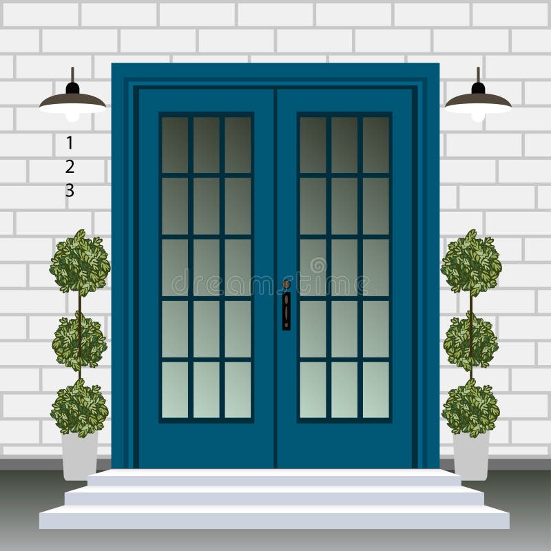 House door front with doorstep and steps, window, - vector clipart