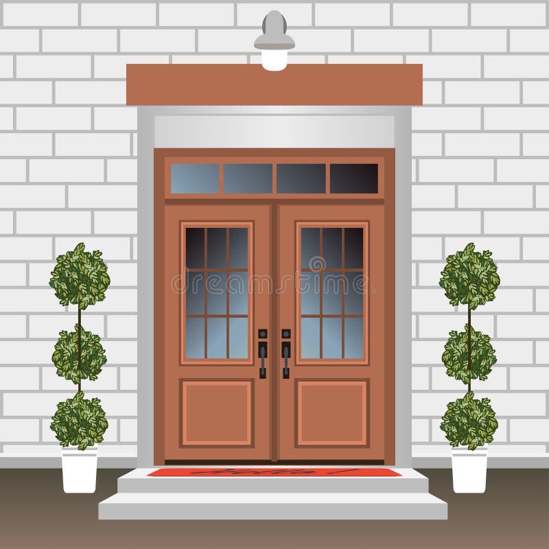 House door front with doorstep and steps porch, window, lamp, flowers in pot, building entry facade, exterior entrance design illustration vector flat style