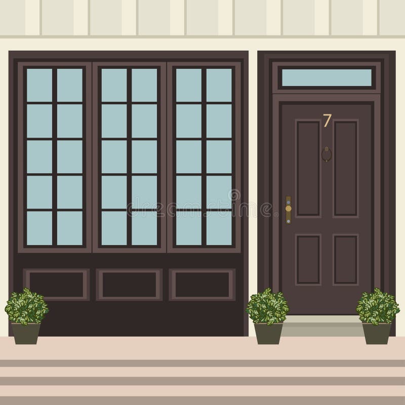 House door front with doorstep and steps, window, flowers in pot, building entry facade, exterior entrance design illustration vector in flat style