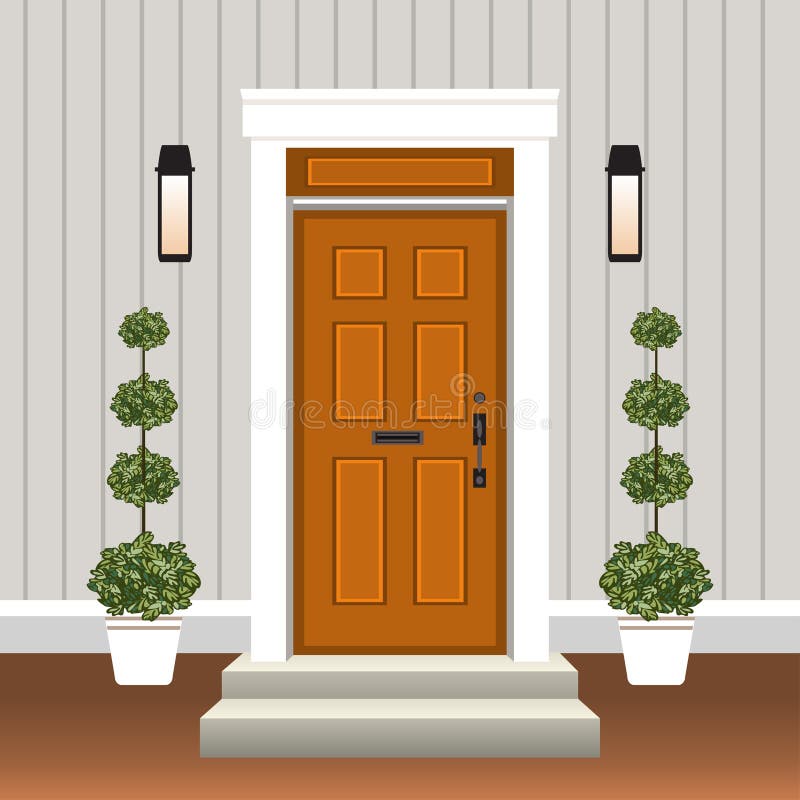 House door front with doorstep and steps, window, lamp, flowers in pot, building entry facade, exterior entrance design illustration vector in flat style