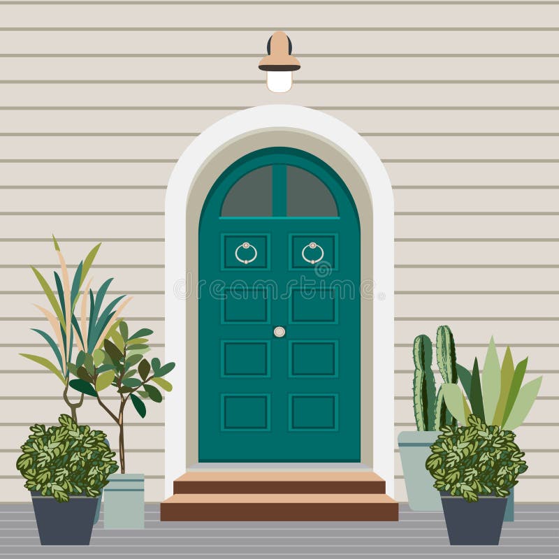 House door front with doorstep and steps, window, - vector clipart