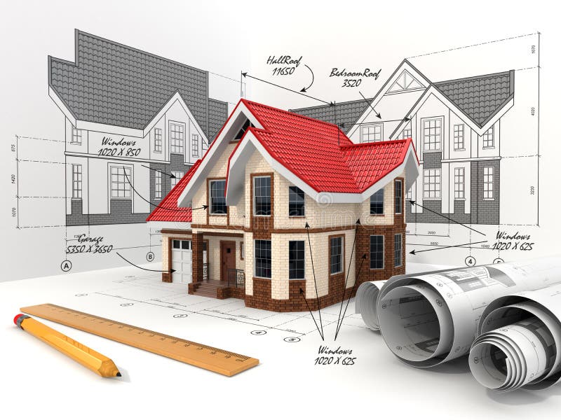 House on the drafts in different projections and blueprints. stock illustration