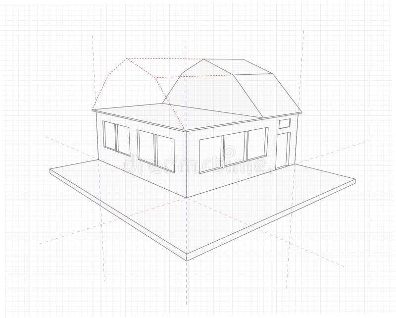Drawing House Cottage Hidden Lines X Ray Roof Stock Vector
