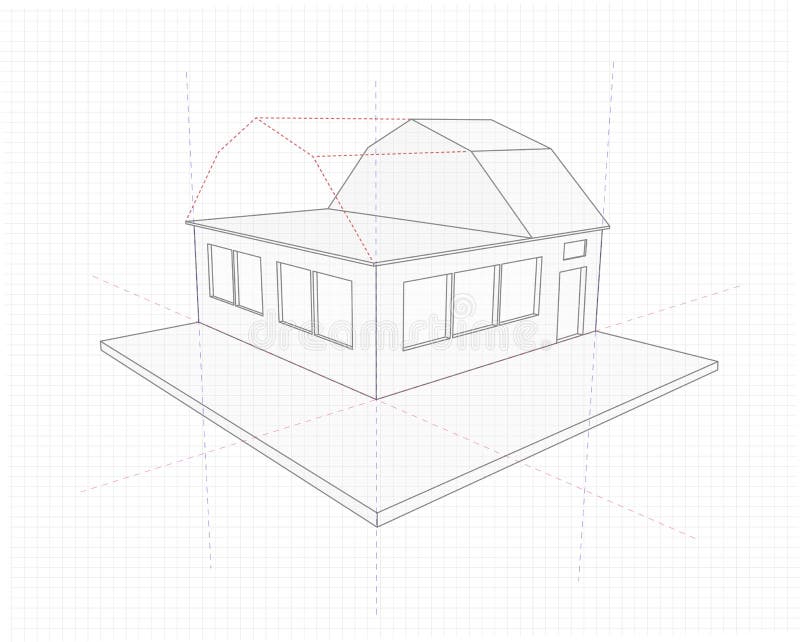 Drawing House Cottage Hidden Lines X Ray Roof Stock Vector