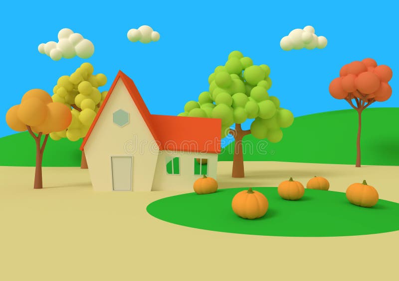 House in the Field of Pumpkins on the Background of the Autumn Priors.  Picturesque Rural Landscape with Harvest in Cartoon Style. Stock  Illustration - Illustration of cloud, green: 151076091