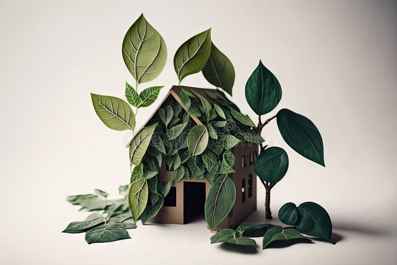 House Figurine Made of Green Leafs White Background. Ai Generative