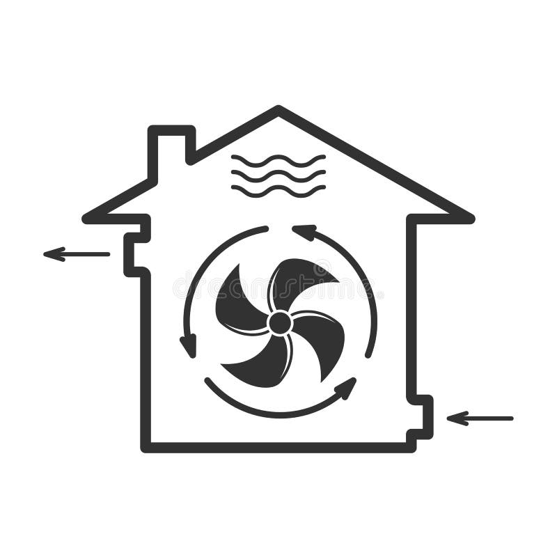 House forced ventilation system icon, mechanical fanning of building, airing sign