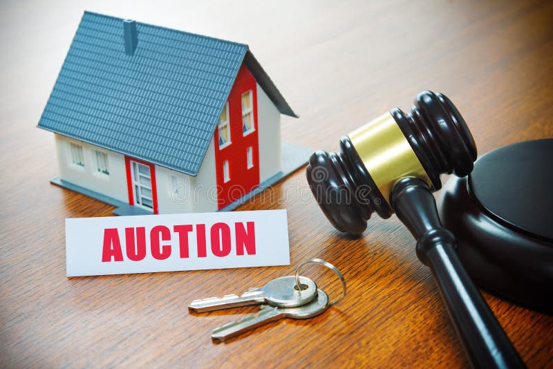 House with a Gavel. Foreclosure, real estate, sale, auction, bus