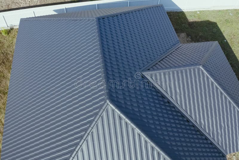 House With A Gray Metal Roof. Corrugated Metal Roof And Metal Ro Stock Photo Image of