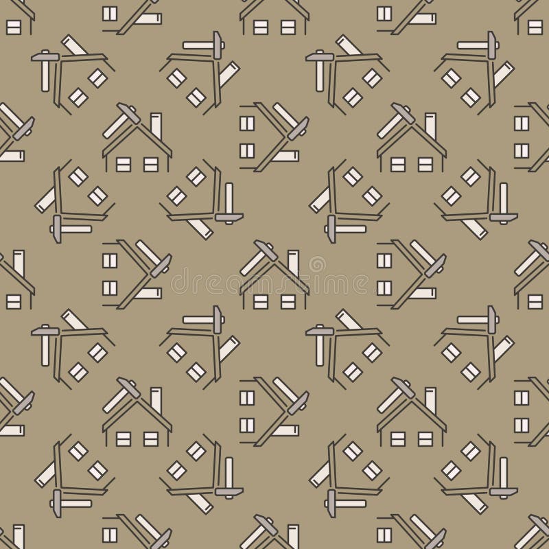 House and Hammer Vector Roof Repair Colored Seamless Pattern Stock