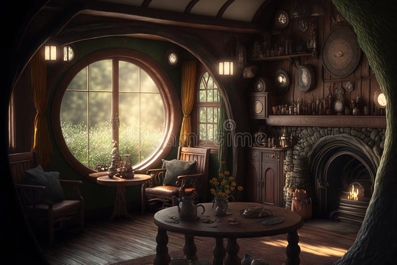 House of the hobbit hole. Fantasy Village Shire, houses with round doors and windows. The fabulous landscape of the Lord of the