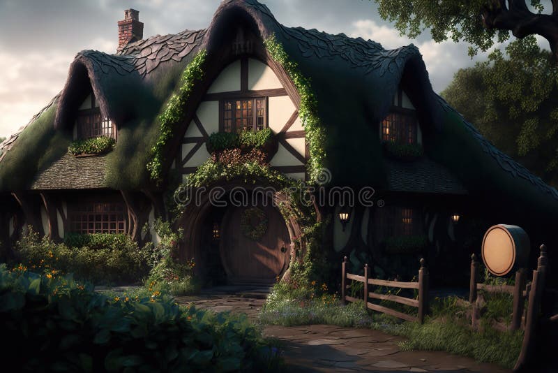 House of the hobbit hole. Fantasy Village Shire, houses with round doors and windows. The fabulous landscape of the Lord of the