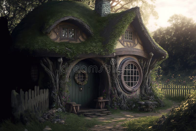 House of the hobbit hole. Fantasy Village Shire, houses with round doors and windows. The fabulous landscape of the Lord of the