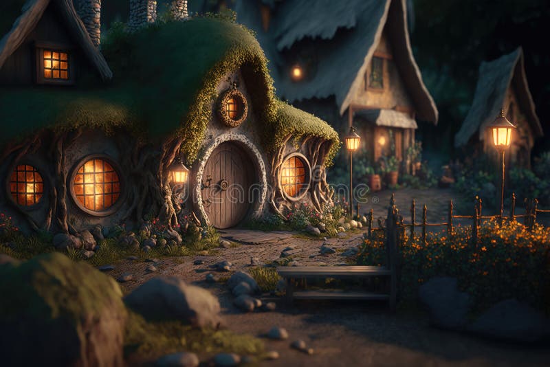 House of the hobbit hole. Fantasy Village Shire, houses with round doors and windows. The fabulous landscape of the Lord of the