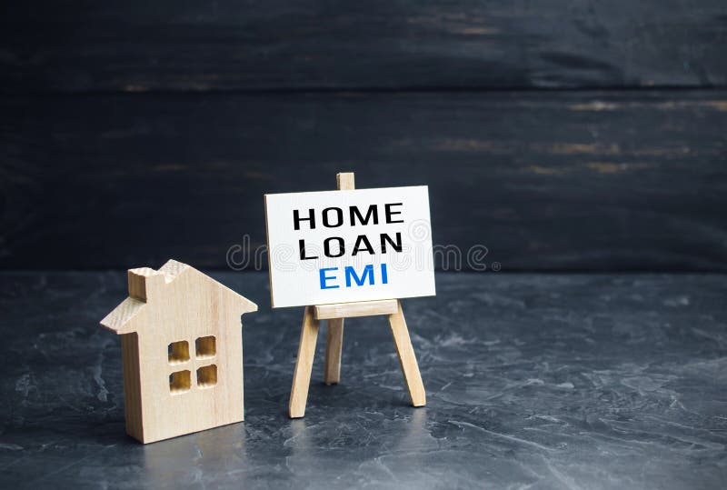 House with home loan EMI easel. Equated Monthly Installment loan. Reducing debt with regular payments over loans period.