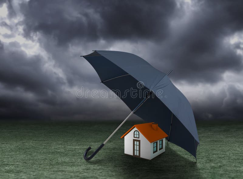 House insurance concept, house protected under umbrella royalty free stock photography House insurance concept, house protected under umbrella royalty free stock photography