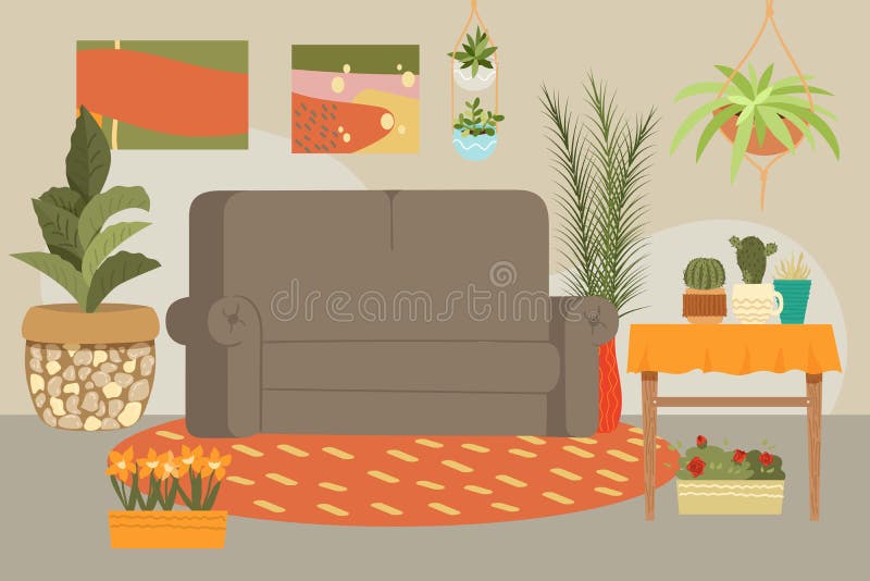 House interior, modern flat design, contemporary furniture sofa, table, decor, living room, cartoon style vector