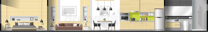 House interior section panorama including bedroom , living room , dining room , kitchen and bathroom stock illustration House interior section panorama including bedroom , living room , dining room , kitchen and bathroom stock illustration