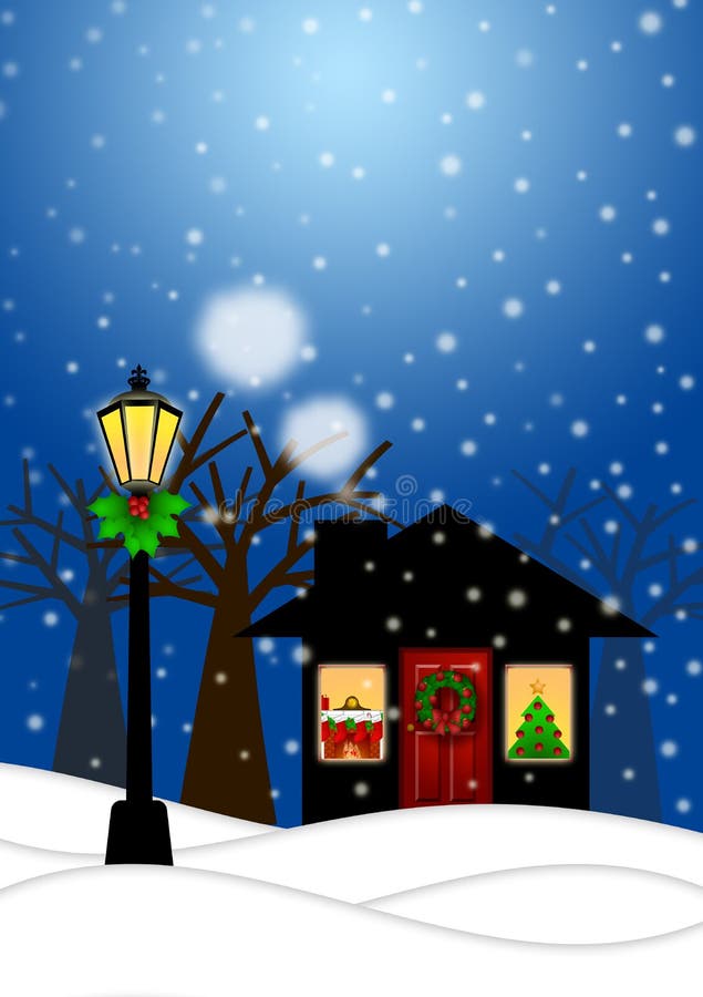 House and Lamp Post in Winter Christmas Scene