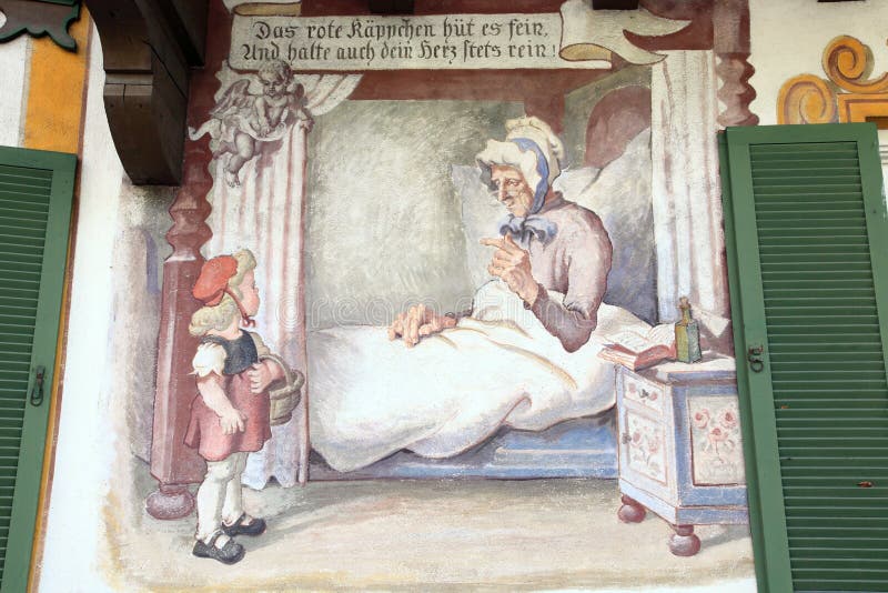 Historical fresco on House of Little Red Cap in Oberammergau, Germany