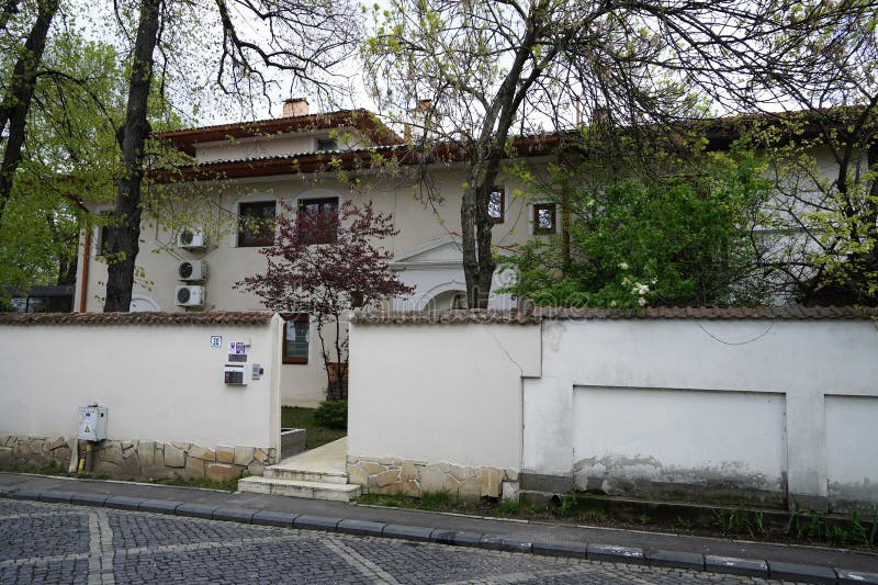 In this house lived the writer Zaharia Stancu, Helesteului Street, Bucharest City, Romania - 18 April 2023 stock photo In this house lived the writer Zaharia Stancu, Helesteului Street, Bucharest City, Romania - 18 April 2023 stock photo