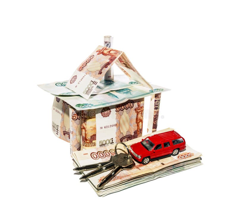 House made of banknotes with a toy car and a bunch of keys