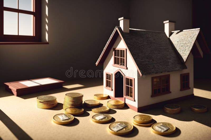 House Model and Coins. Real Estate Concept. Generative AI. Stock Image