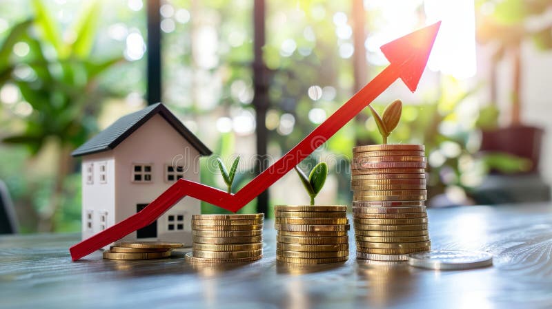 House model with stacks of coins and growing red arrow, investment and property appreciation concept royalty free stock image