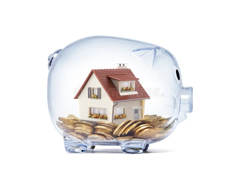 House on money inside transparent piggy bank