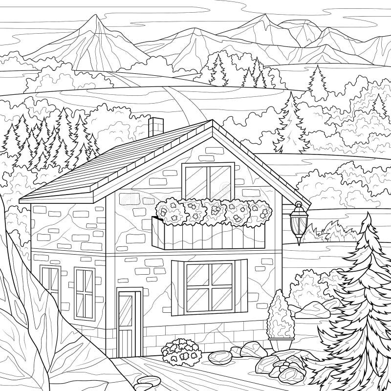 House in the Mountains.Coloring Book Antistress for Children and Adults ...