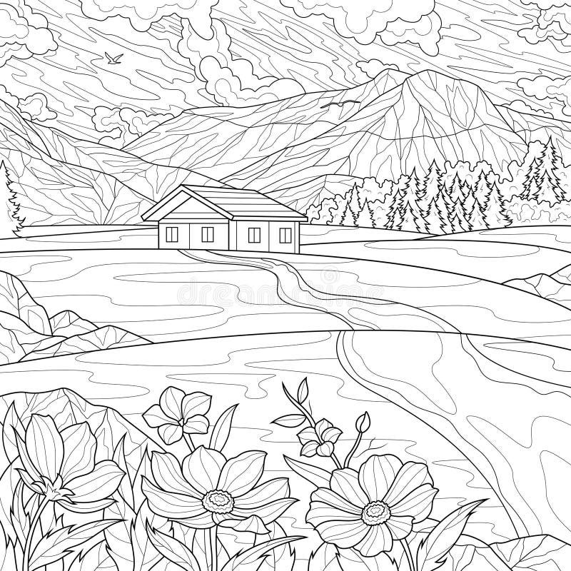 House near the mountains and flowers.Coloring book antistress for children and adults.